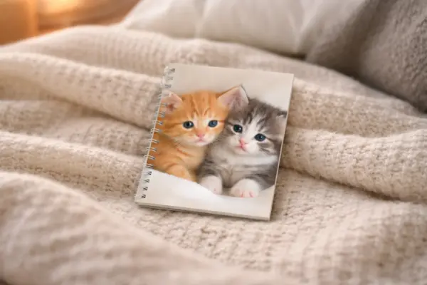 Spirāles bloknots ar kaķēniem uz vāka kā piemērs kvalitatīvai bloknotu drukai