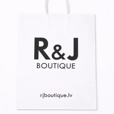 Balts papīra maisiņš ar melnu R&J BOUTIQUE apdruku