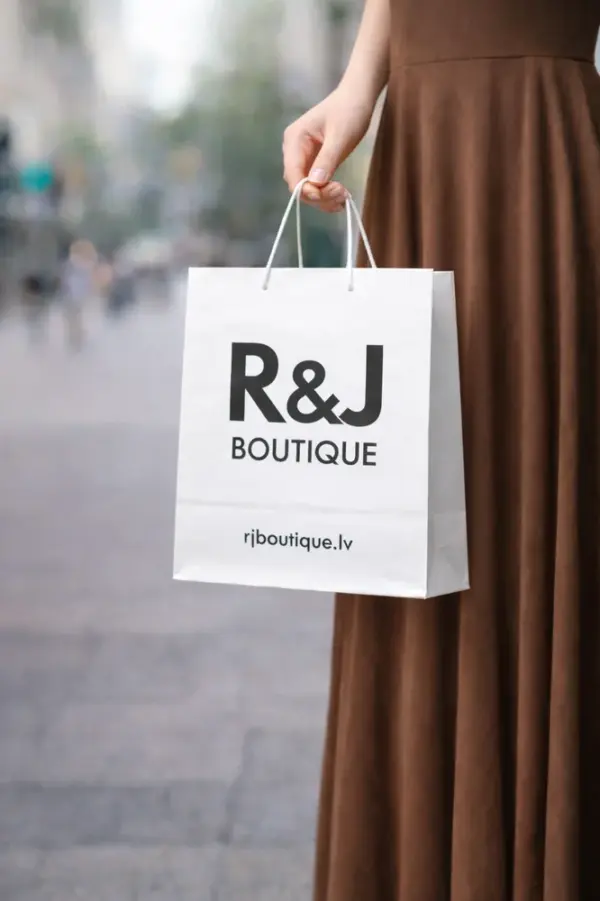 Balts papīra maisiņš ar R&J Boutique apdruku sievietes rokās