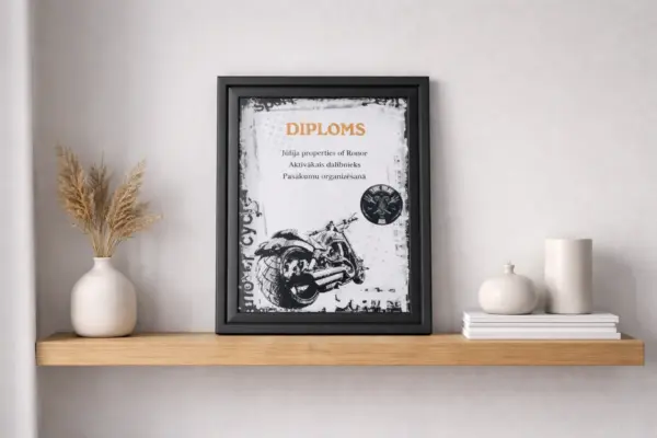 Diplomu dizains ar motociklu melnā rāmī uz koka plaukta