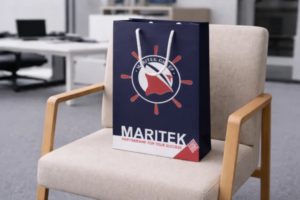 Tumši zils dāvanu maisiņš ar apdruku un auklas rokturiem uz krēsla