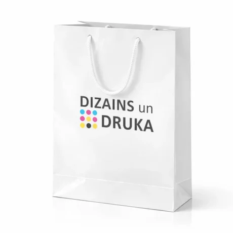 White custom gift bag with print and cord handles