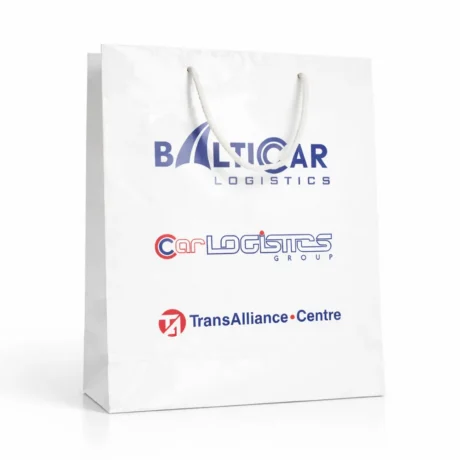 White custom gift bag with printed logos and cord handles