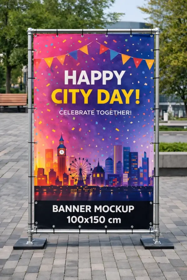 Baneru drukas paraugs – krāsains 100x150 cm reklāmas baneris uz metāla rāmja