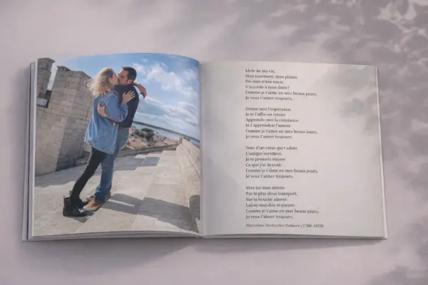 Atvērta fotogrāmata ar pāra ceļojuma fotogrāfiju un dzejas rindām