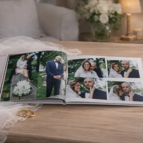 Atvērta kāzu fotogrāmata ar jaunlaulāto bildēm, gredzeniem un plīvuru