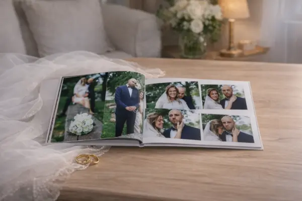 Atvērta kāzu fotogrāmata ar jaunlaulāto bildēm, gredzeniem un plīvuru