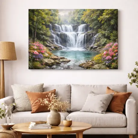 Kanva ar ūdenskrituma ainavu kā stilīgs akcents viesistabas interjerā