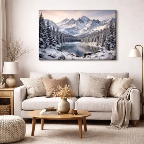 Печать на холсте с зимним горным пейзажем над диваном как стильный акцент интерьера