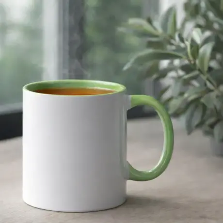 Balta keramikas krūze ar gaiši zaļu iekšpusi un osiņu apdrukai