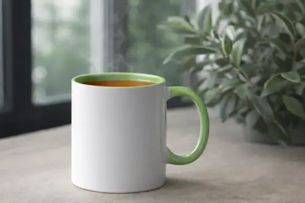 Balta keramikas krūze ar gaiši zaļu iekšpusi un osiņu apdrukai