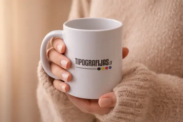 Balta keramikas krūze ar apdruku Tipografijas.lv rokās