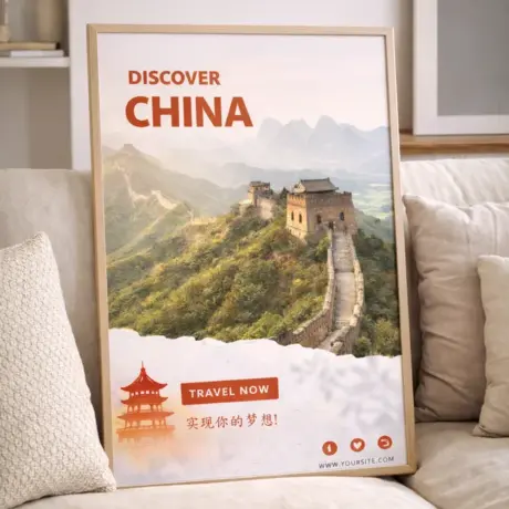 Ierāmēta ceļojumu afiša ar Ķīnas mūri kā afišu izgatavošanas paraugs