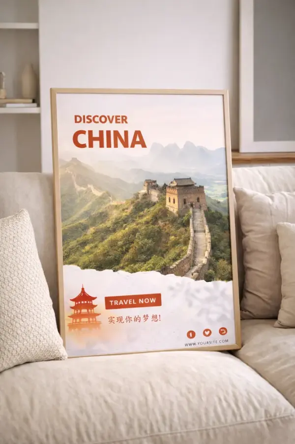Ierāmēta ceļojumu afiša ar Ķīnas mūri kā afišu izgatavošanas paraugs
