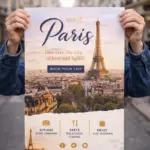 Kvalitatīva ceļojumu afiša ar Parīzes skatu un Eifeļa torni cilvēka rokās