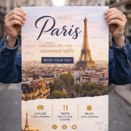 Kvalitatīva ceļojumu afiša ar Parīzes skatu un Eifeļa torni cilvēka rokās