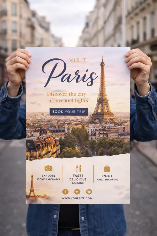 Kvalitatīva ceļojumu afiša ar Parīzes skatu un Eifeļa torni cilvēka rokās