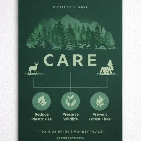 Kvalitatīva afišu druka ar meža ilustrāciju un uzrakstu CARE uz zaļa fona