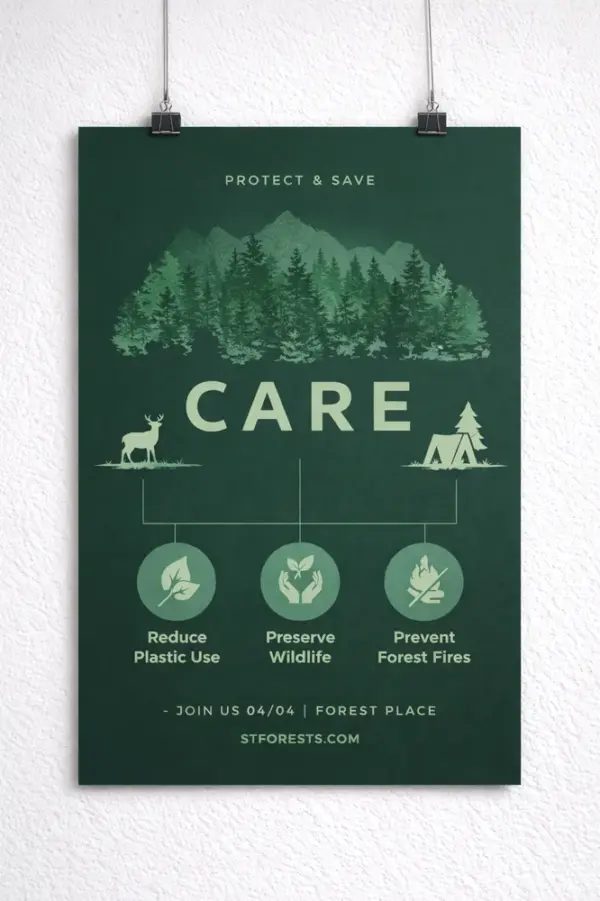 Kvalitatīva afišu druka ar meža ilustrāciju un uzrakstu CARE uz zaļa fona