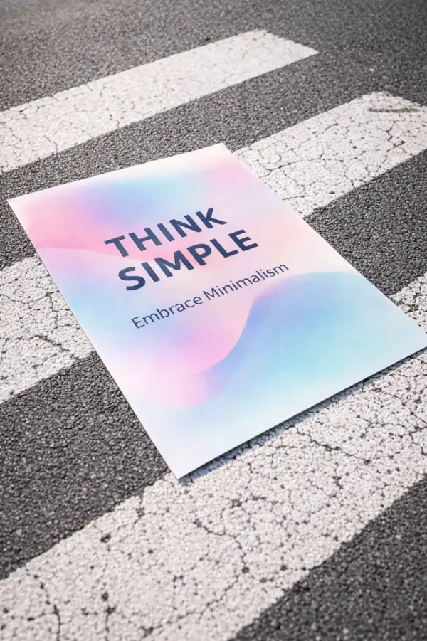 Afišu druka ar tekstu Think Simple un maigu krāsu pāreju uz asfalta