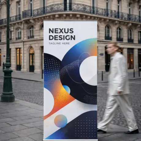 Roll-up стенд с абстрактным дизайном на мощеной улице