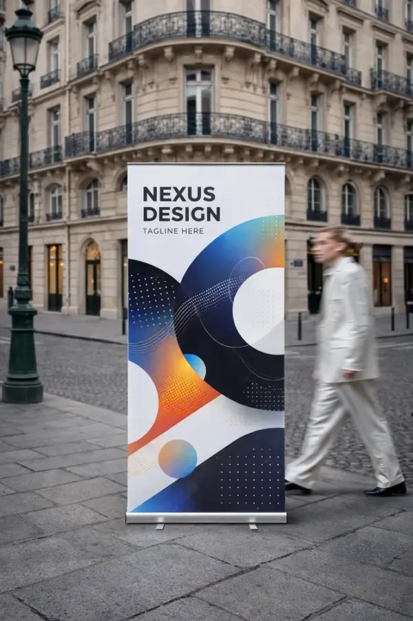 Roll-up стенд с абстрактным дизайном на мощеной улице