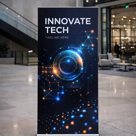 Roll-up стенд с футуристическим дизайном в современном офисном вестибюле