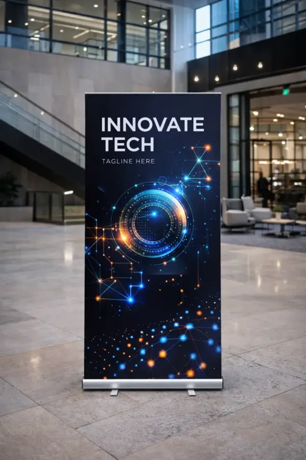 Roll-up стенд с футуристическим дизайном в современном офисном вестибюле