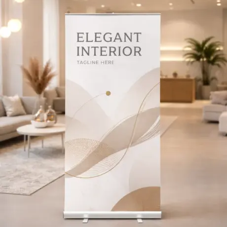Элегантный roll-up стенд с бежевым дизайном и качественной печатью в интерьере