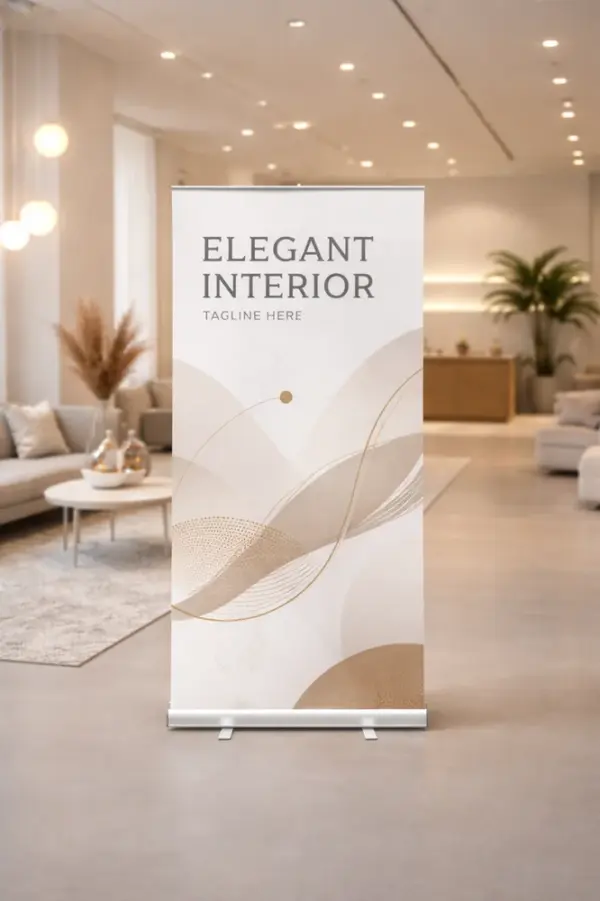 Элегантный roll-up стенд с бежевым дизайном и качественной печатью в интерьере