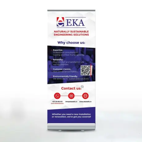 Образец изготовления и печати roll-up стенда EKA с контактами компании