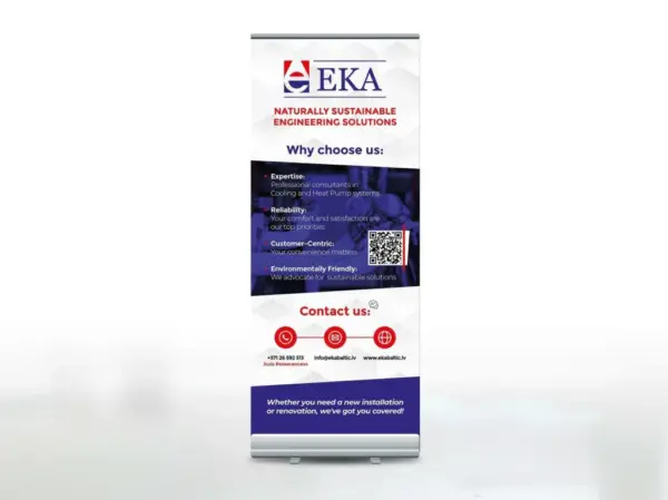 Образец изготовления и печати roll-up стенда EKA с контактами компании