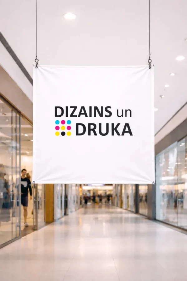 Iekārts balts baneris tirdzniecības centrā ar uzrakstu Dizains un druka
