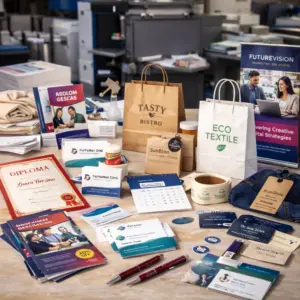 Dažādi drukas un reklāmas materiāli uz galda tipogrāfijā ar papīra maisiņiem un bukletiem