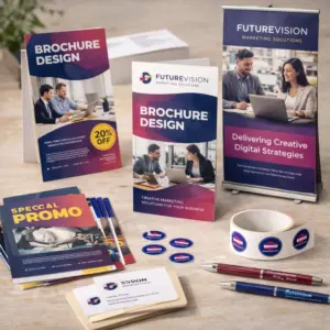Brochure, business card, sticker, pen and banner mockups arranged on a table