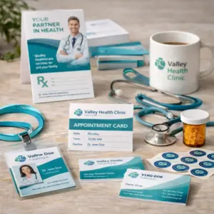 Medical clinic print materials, stethoscope, coffee mug, and pill bottle on a desk
