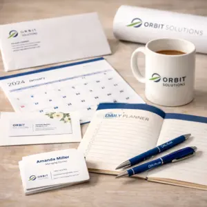 Orbit Solutions mug, calendar, notebook, pens and business cards on a desk
