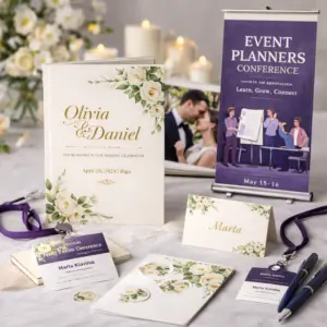 Wedding invitation with flowers beside a conference banner and event badges