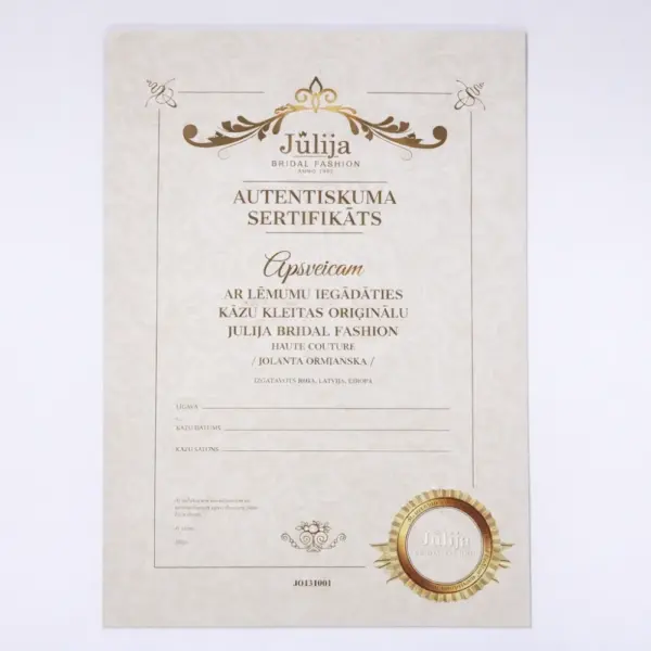 Custom certificate printing for an authenticity certificate with gold foil and seal on design paper