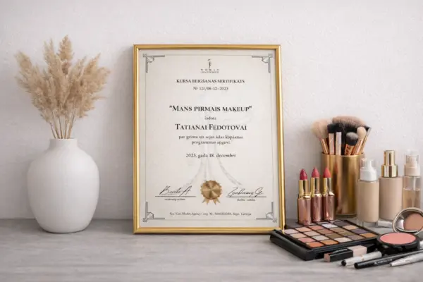 Custom certificate printing sample: framed makeup course certificate with cosmetic brushes