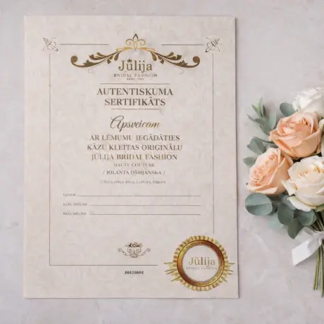 Jūlija Bridal Fashion authenticity certificate, custom certificate printing sample