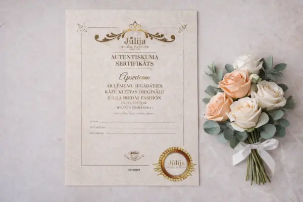 Jūlija Bridal Fashion authenticity certificate, custom certificate printing sample