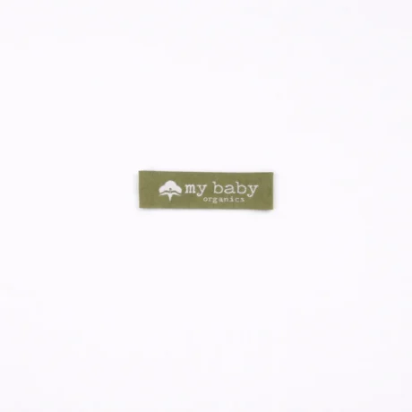Green custom woven jacquard label with my baby organics logo