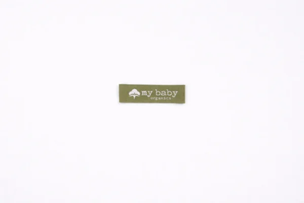 Green custom woven jacquard label with my baby organics logo