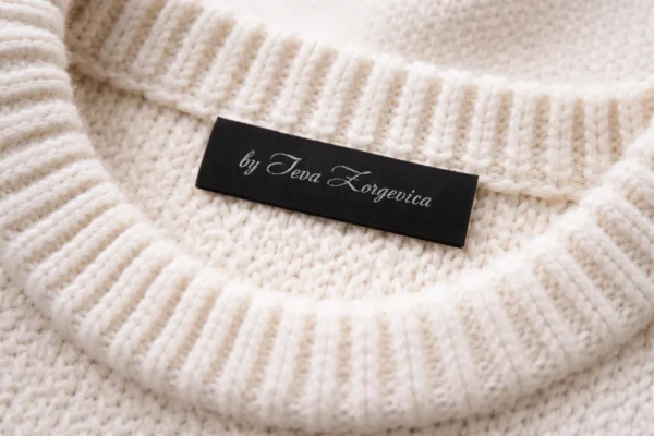 Black custom woven jacquard label with white text on the collar of a white knitted sweater