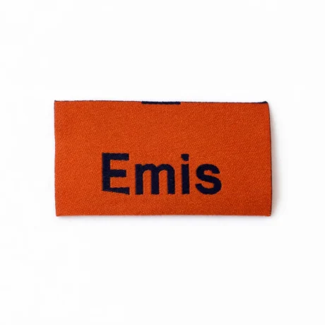 Orange custom woven jacquard label with dark blue Emis text