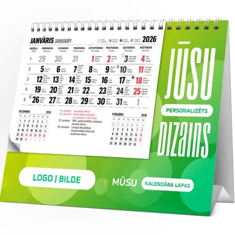 Drukāts zaļš galda kalendārs ar spirāli un personalizētu dizainu