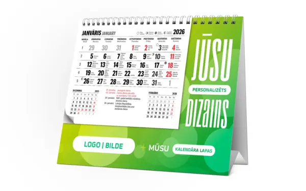 Drukāts zaļš galda kalendārs ar spirāli un personalizētu dizainu