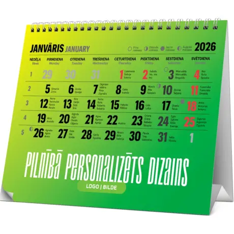 Zaļš spirāles galda kalendārs ar personalizētu dizainu 2026. gadam