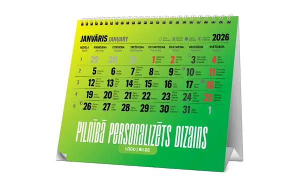 Zaļš spirāles galda kalendārs ar personalizētu dizainu 2026. gadam